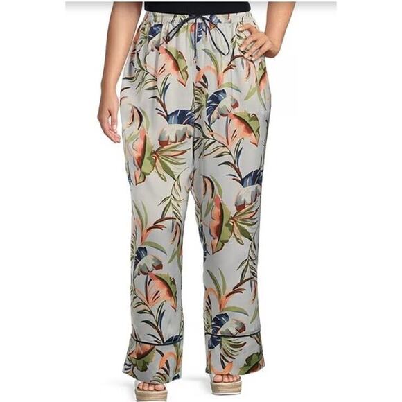 Skies are Blue Womens Chiffon Wide Leg Pants 2X Silver Green Tropical Pockets - Picture 1 of 10